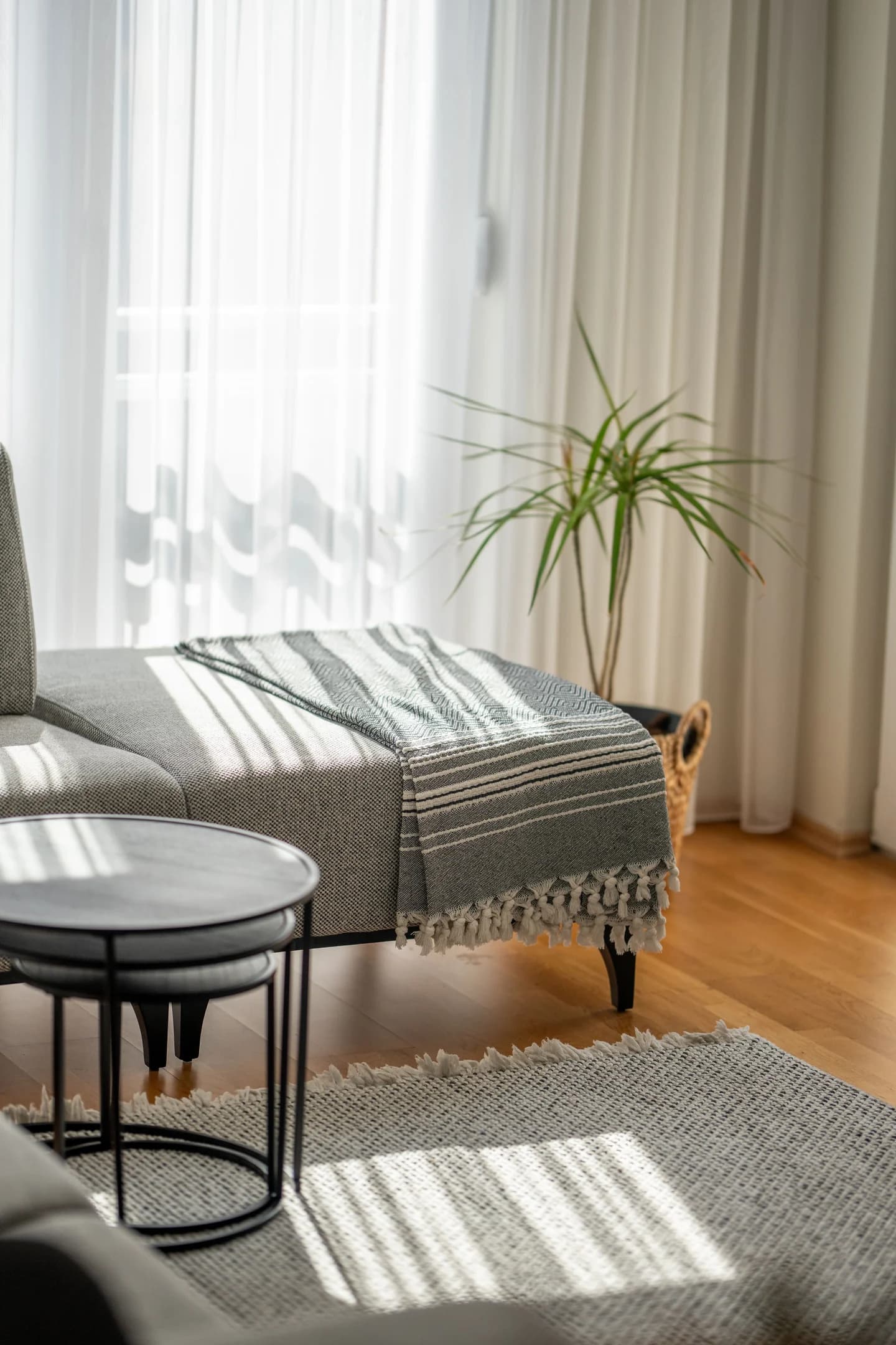 Canapé, plaid et tapis éclairés par une fenêtre